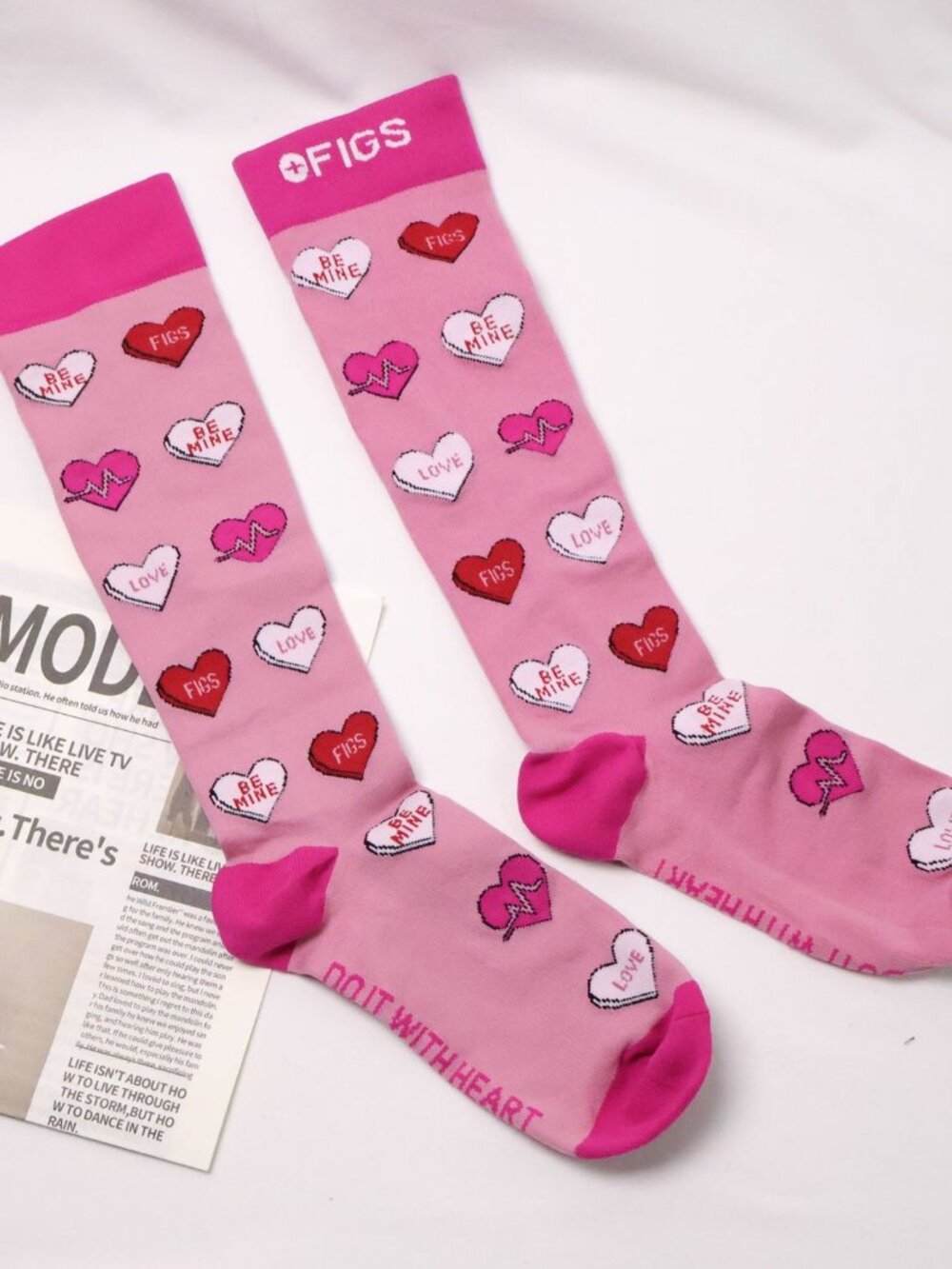 Figs Heart Pattern Pink Compression Socks Size M